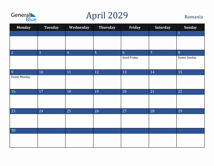 April 2029 Romania Calendar (Monday Start)
