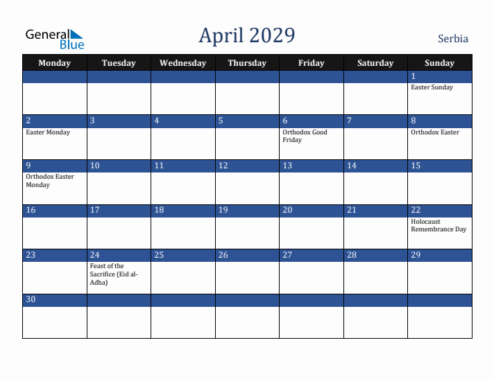 April 2029 Serbia Calendar (Monday Start)