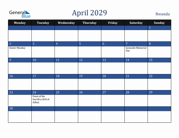 April 2029 Rwanda Calendar (Monday Start)