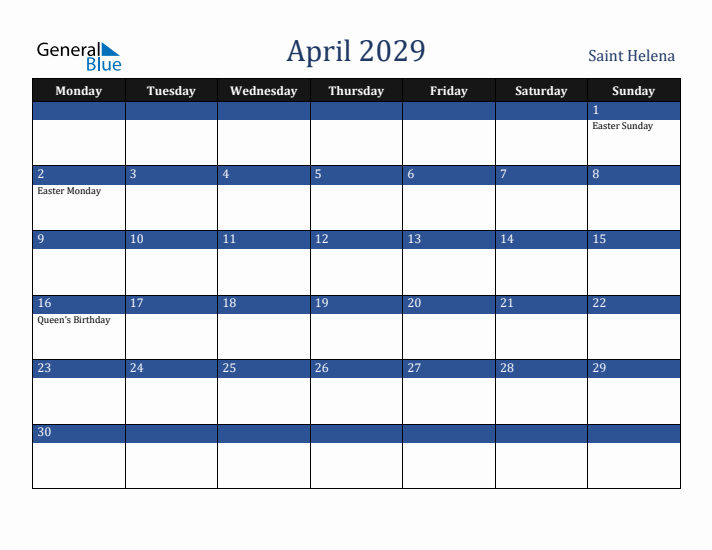 April 2029 Saint Helena Calendar (Monday Start)