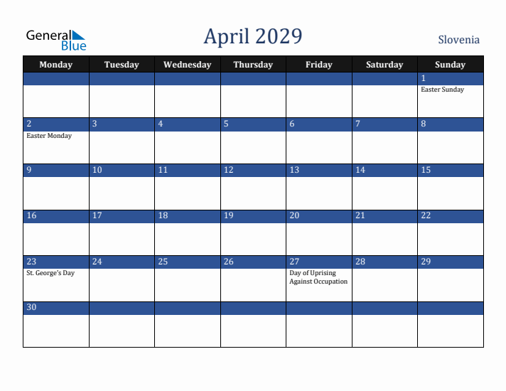 April 2029 Slovenia Calendar (Monday Start)