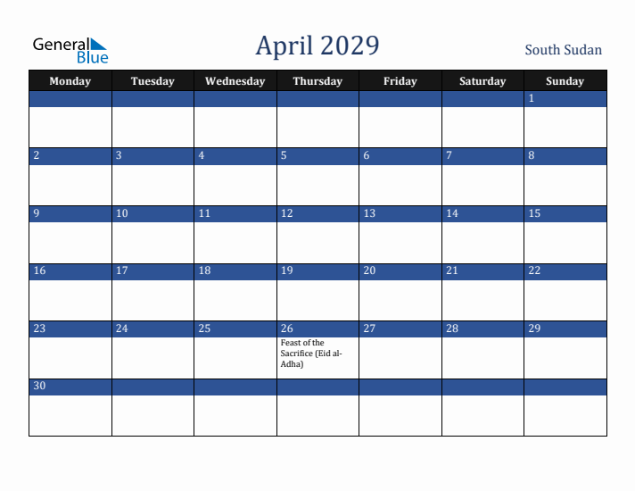 April 2029 South Sudan Calendar (Monday Start)
