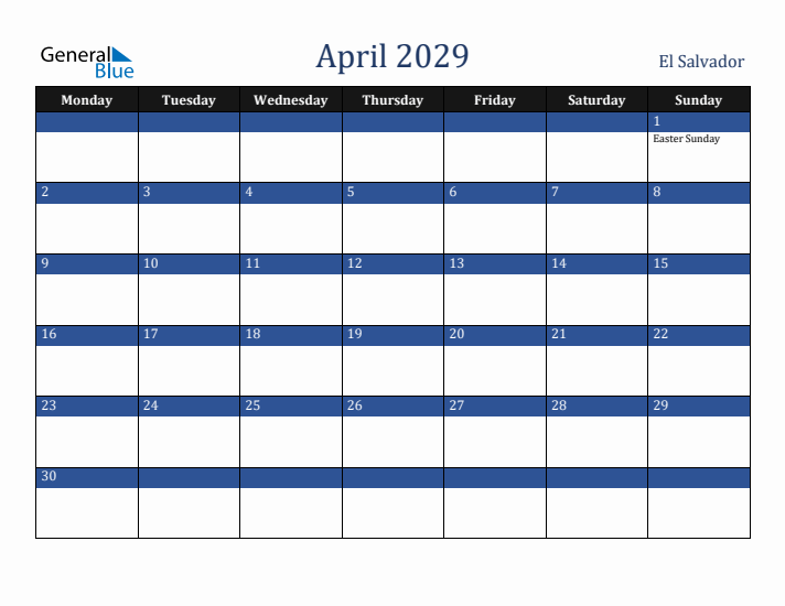 April 2029 El Salvador Calendar (Monday Start)