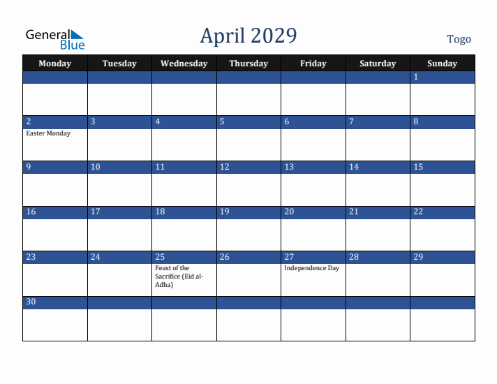 April 2029 Togo Calendar (Monday Start)