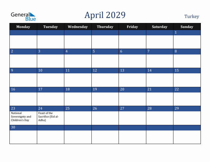 April 2029 Turkey Calendar (Monday Start)