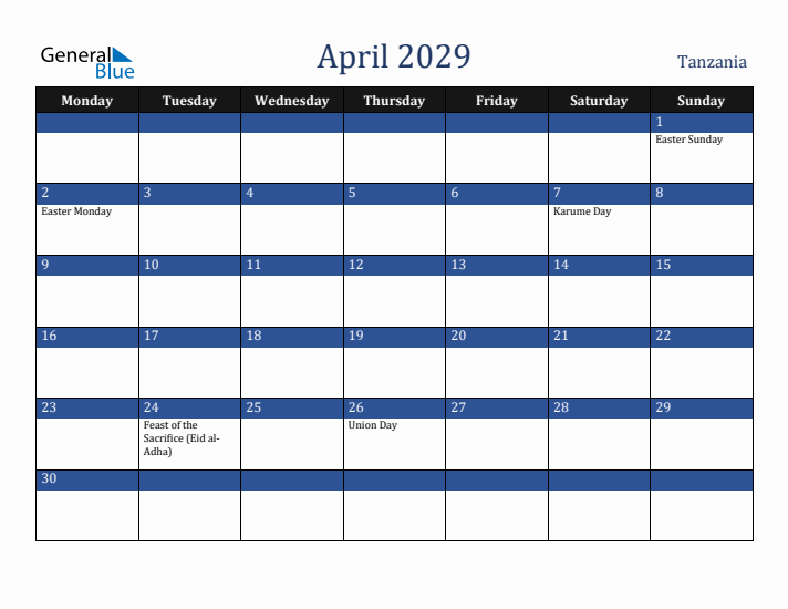 April 2029 Tanzania Calendar (Monday Start)