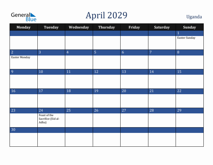 April 2029 Uganda Calendar (Monday Start)