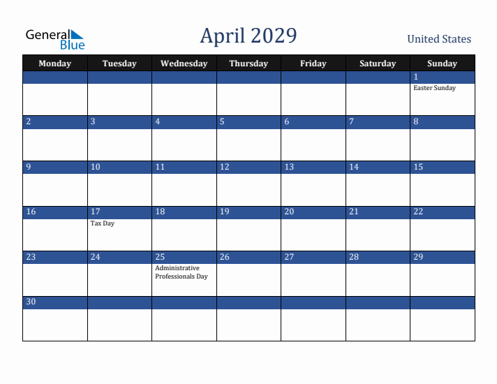 April 2029 United States Calendar (Monday Start)