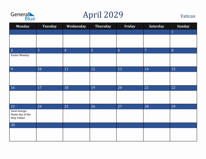 April 2029 Vatican Calendar (Monday Start)