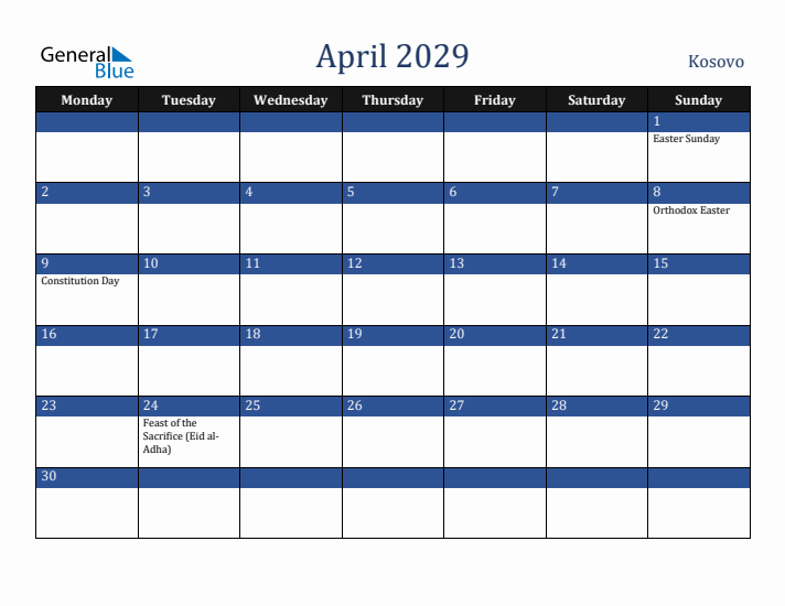 April 2029 Kosovo Calendar (Monday Start)