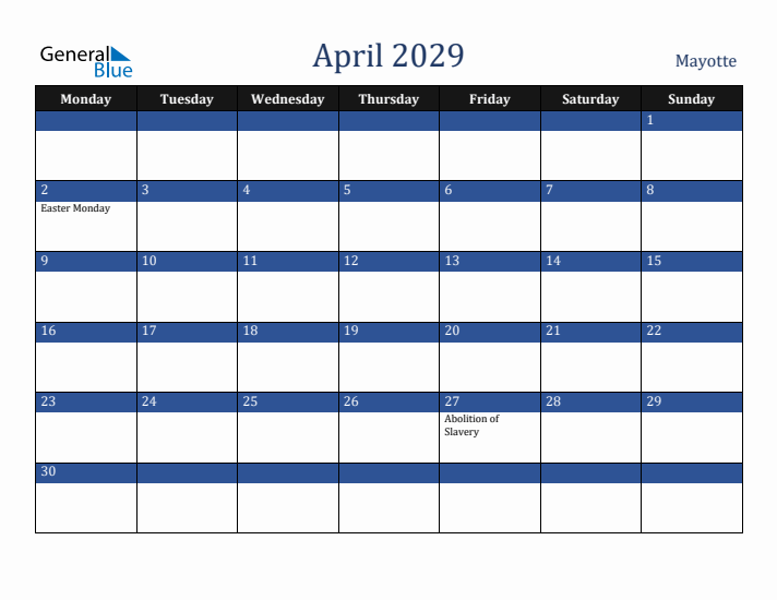 April 2029 Mayotte Calendar (Monday Start)
