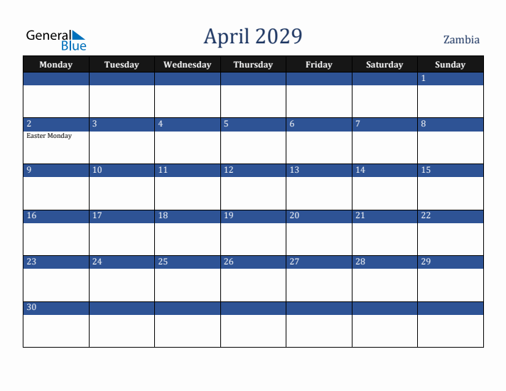 April 2029 Zambia Calendar (Monday Start)