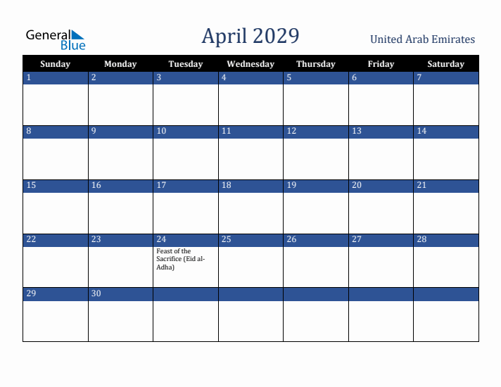 April 2029 United Arab Emirates Calendar (Sunday Start)