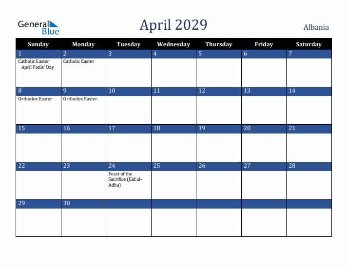 April 2029 Albania Calendar (Sunday Start)