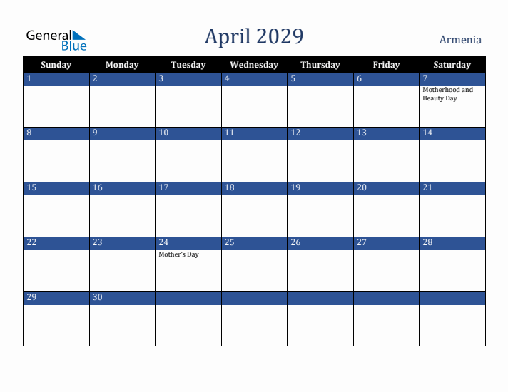 April 2029 Armenia Calendar (Sunday Start)