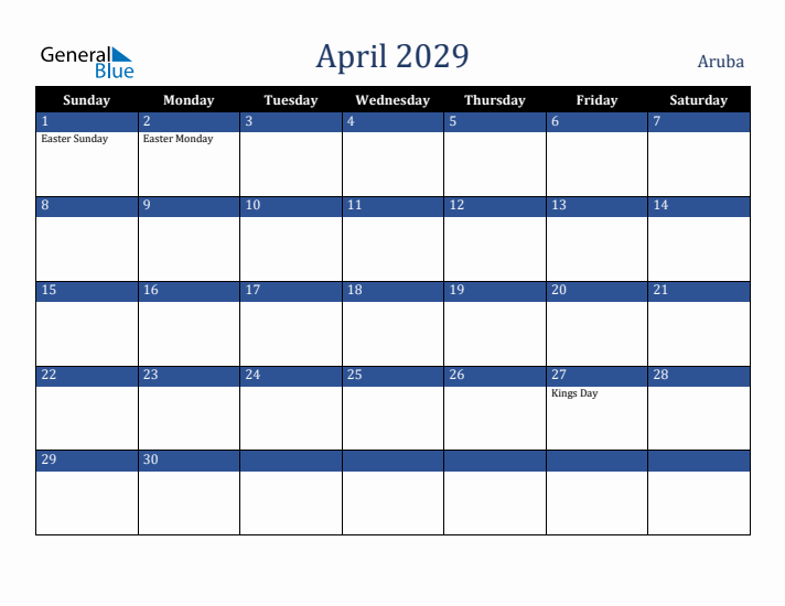 April 2029 Aruba Calendar (Sunday Start)