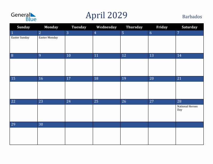 April 2029 Barbados Calendar (Sunday Start)