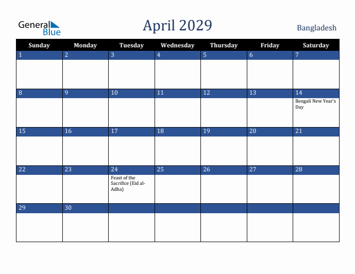 April 2029 Bangladesh Calendar (Sunday Start)