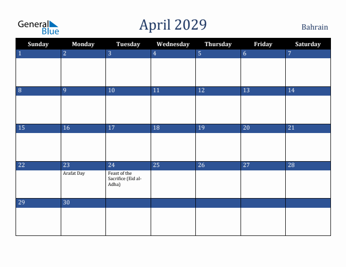 April 2029 Bahrain Calendar (Sunday Start)