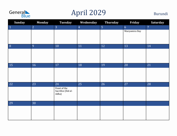 April 2029 Burundi Calendar (Sunday Start)