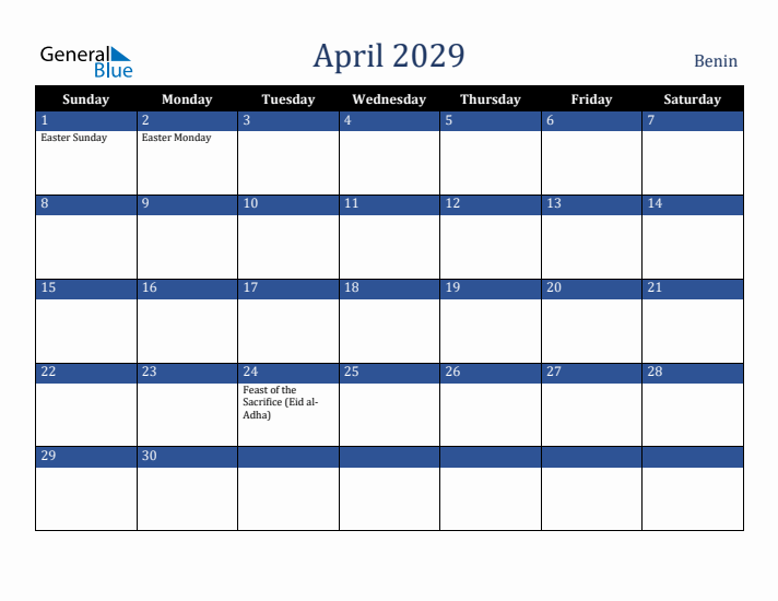 April 2029 Benin Calendar (Sunday Start)