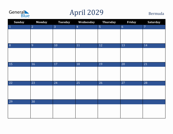 April 2029 Bermuda Calendar (Sunday Start)