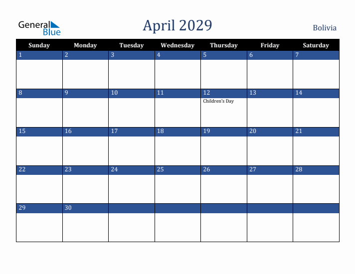 April 2029 Bolivia Calendar (Sunday Start)