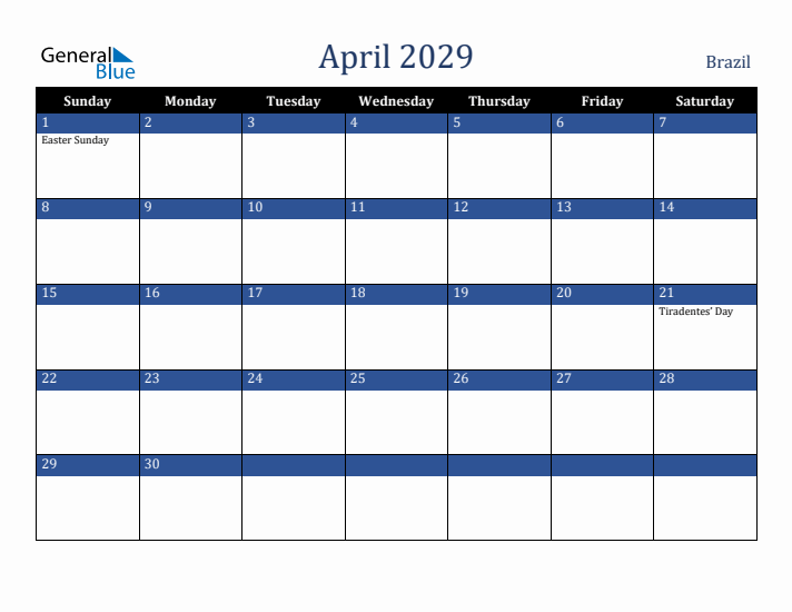 April 2029 Brazil Calendar (Sunday Start)