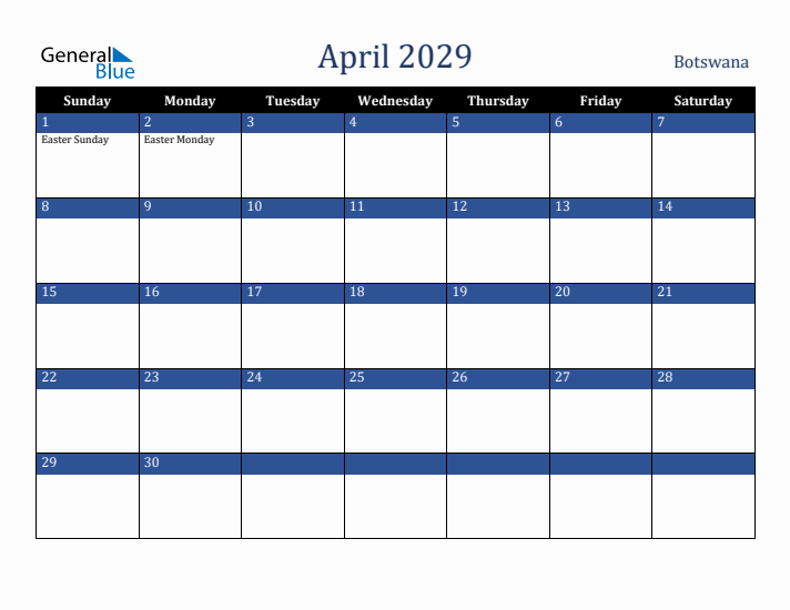April 2029 Botswana Calendar (Sunday Start)