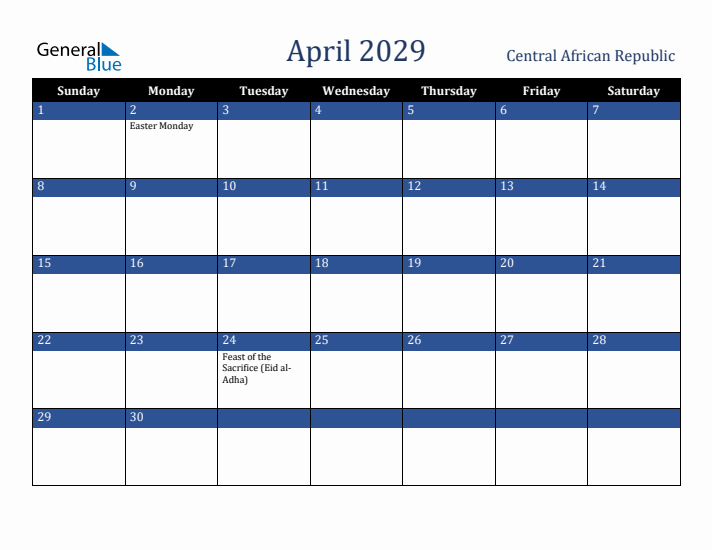 April 2029 Central African Republic Calendar (Sunday Start)