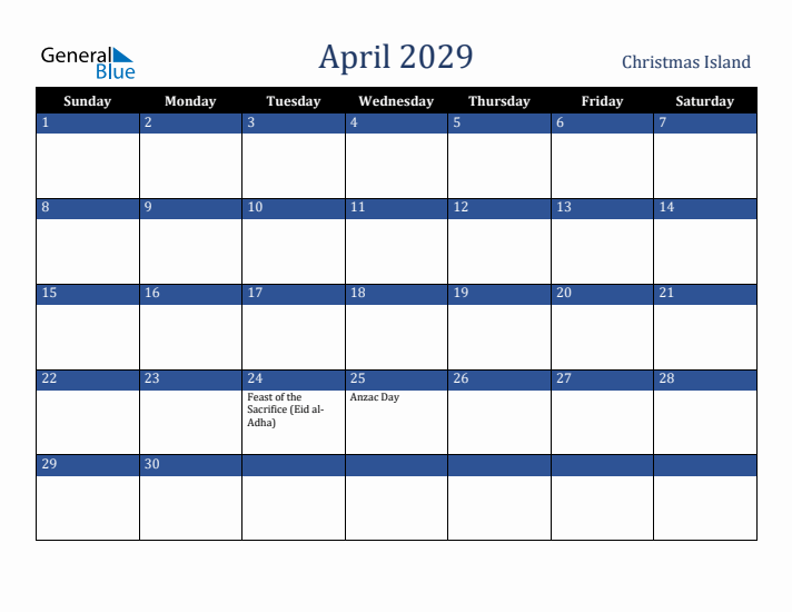 April 2029 Christmas Island Calendar (Sunday Start)