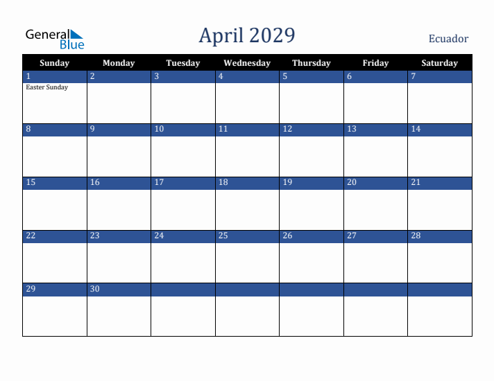 April 2029 Ecuador Calendar (Sunday Start)