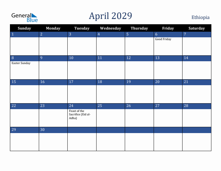 April 2029 Ethiopia Calendar (Sunday Start)