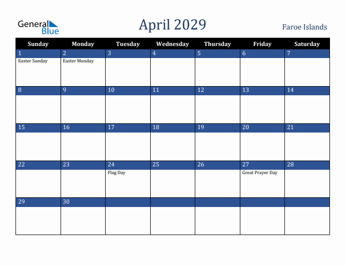 April 2029 Faroe Islands Calendar (Sunday Start)