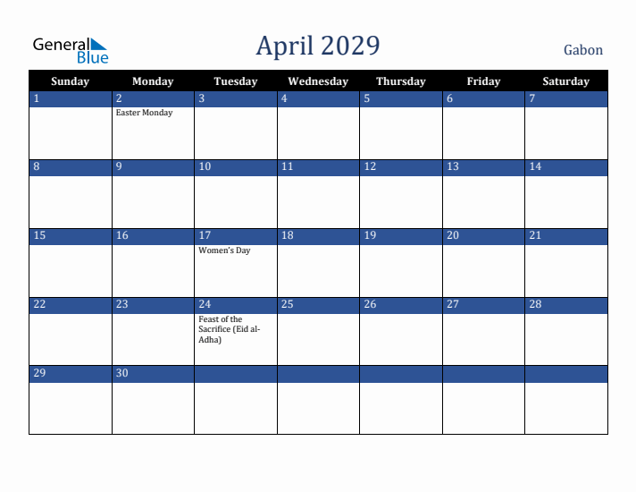 April 2029 Gabon Calendar (Sunday Start)