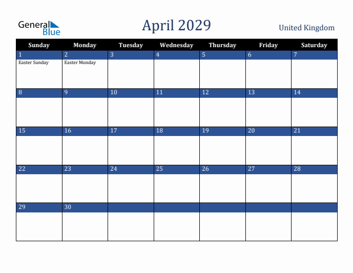 April 2029 United Kingdom Calendar (Sunday Start)