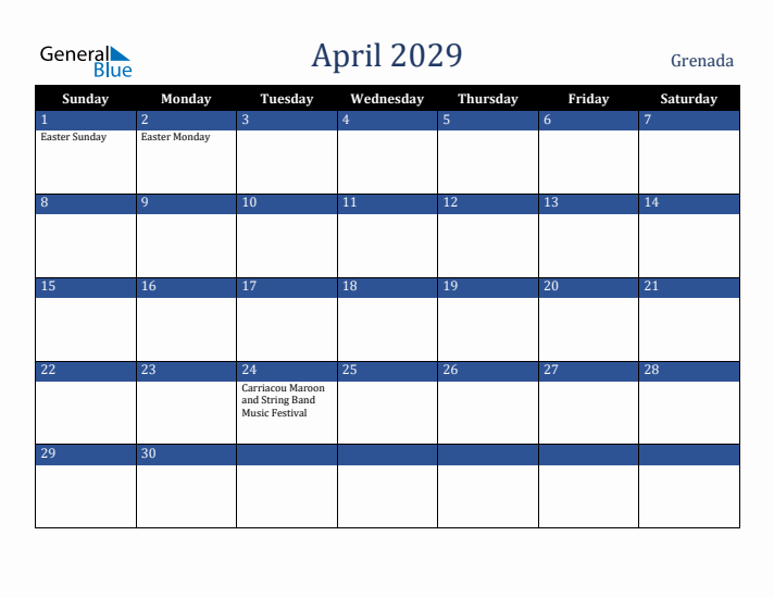 April 2029 Grenada Calendar (Sunday Start)