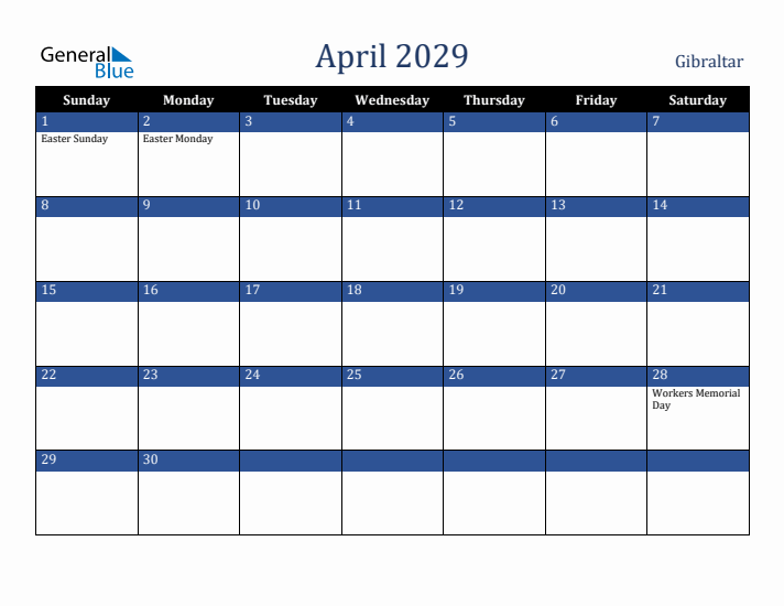 April 2029 Gibraltar Calendar (Sunday Start)
