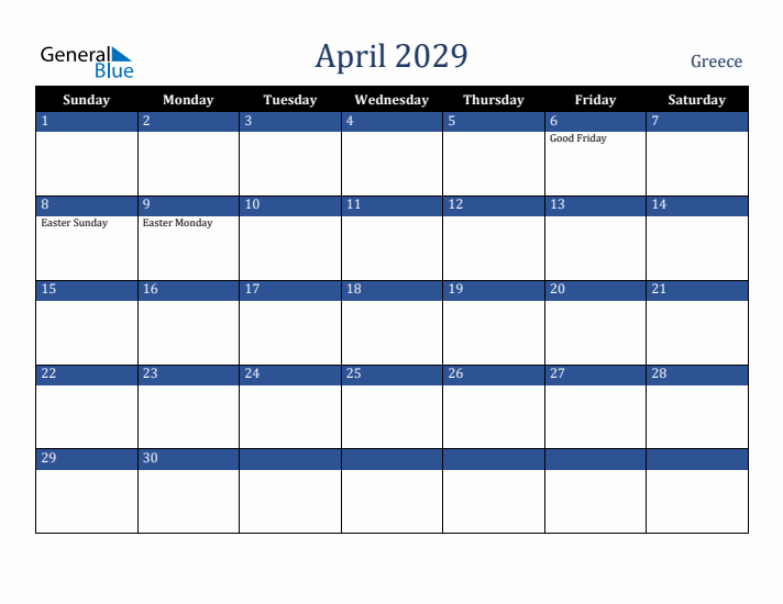 April 2029 Greece Calendar (Sunday Start)