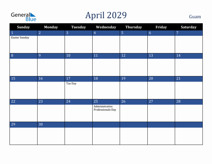 April 2029 Guam Calendar (Sunday Start)