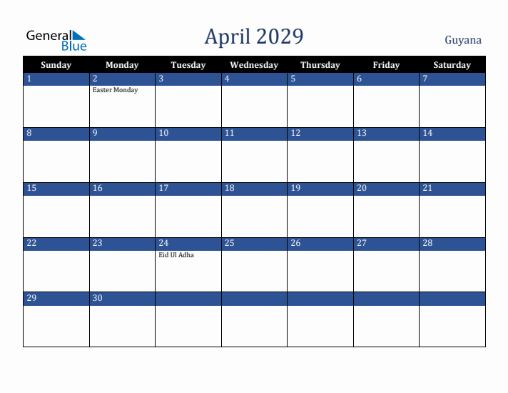 April 2029 Guyana Calendar (Sunday Start)