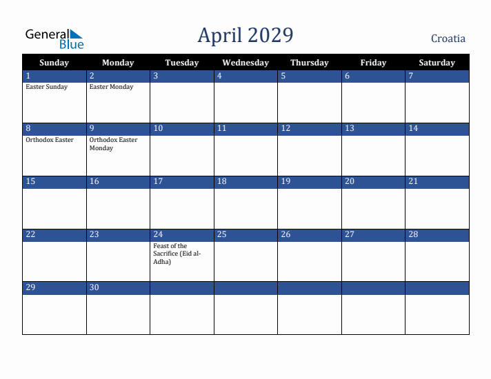 April 2029 Croatia Calendar (Sunday Start)