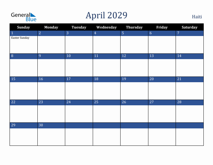 April 2029 Haiti Calendar (Sunday Start)