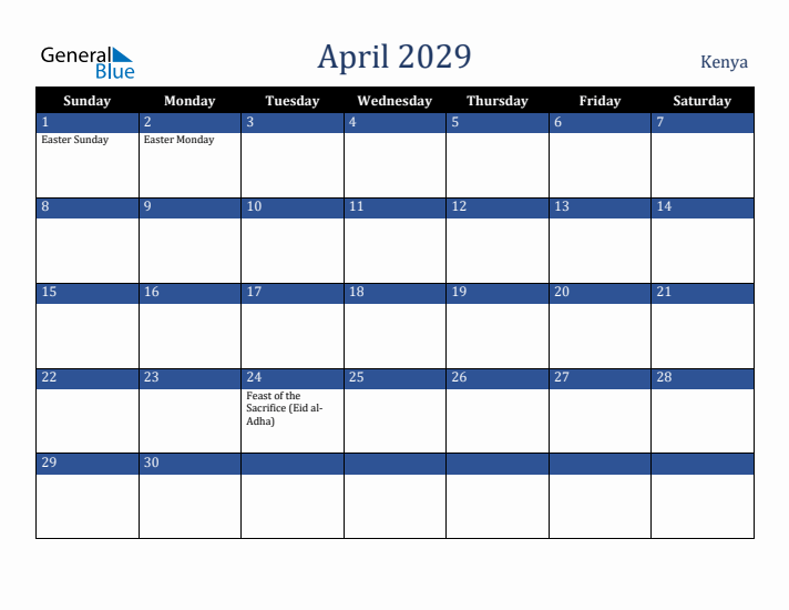April 2029 Kenya Calendar (Sunday Start)