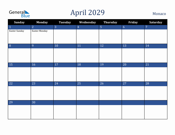 April 2029 Monaco Calendar (Sunday Start)