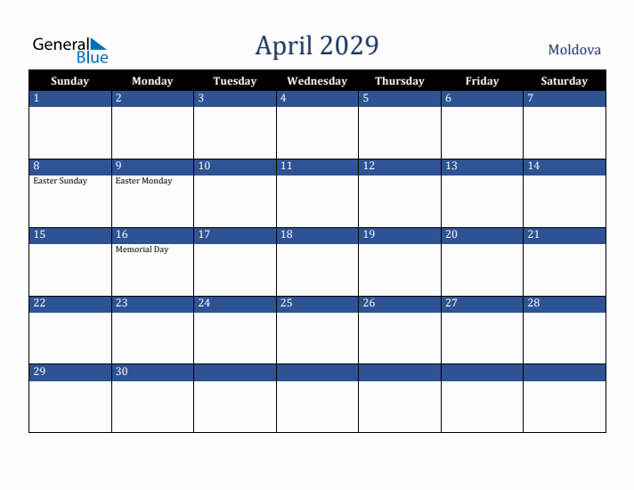 April 2029 Moldova Calendar (Sunday Start)