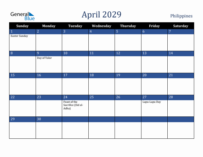 April 2029 Philippines Calendar (Sunday Start)