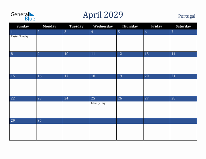 April 2029 Portugal Calendar (Sunday Start)