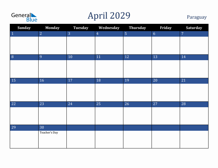 April 2029 Paraguay Calendar (Sunday Start)