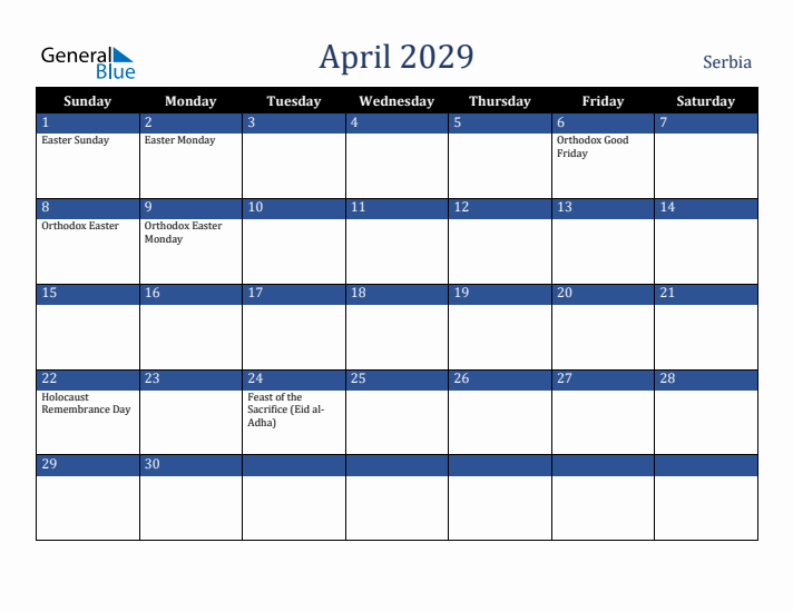 April 2029 Serbia Calendar (Sunday Start)
